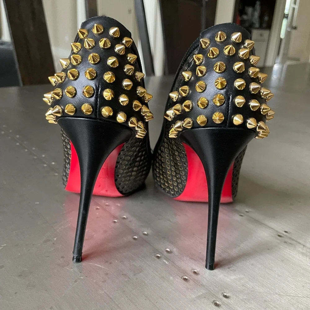 christian louboutin guni black leather gold spike stiletto sz 38.5 preowned